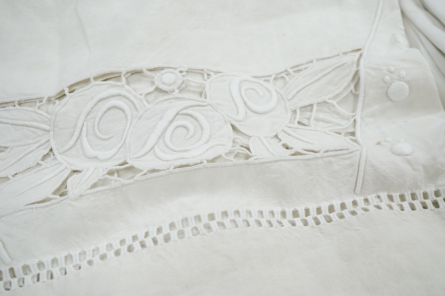 Three 1900's French provincial linen top sheets, all with monograms and embroidery with drawn thread work on the fold backs. Condition - linen strong but all need re laundering.